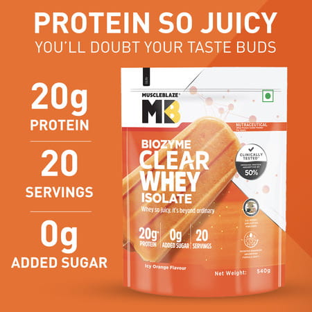 Muscleblaze Biozyme Clear Whey Protein Isolate | 20g Protein | (Icy Orange Flavour | 20 Servings)