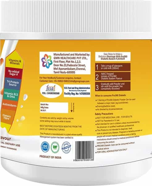 Pro360 Diabetes Care | Dietary Food Supplement | Badam | Powder | Jar | 250 Gm