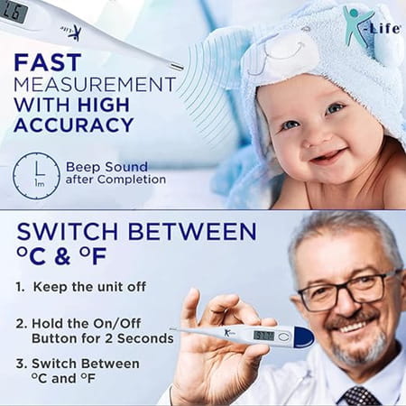 K-Life Dt-01 Digital Body Fever Check Temperature Thermometer For Kids Adults & Babies (White) 1 Nos