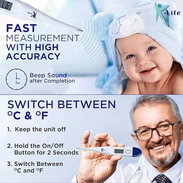K-Life Dt-01 Digital Body Fever Check Temperature Thermometer For Kids Adults & Babies (White) 1 Nos
