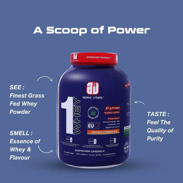 Apex Vitals 1 Whey - Grass-Fed Whey | 27G Protein | Digestive Enzymes Mango Cheesecake - 4Lbs