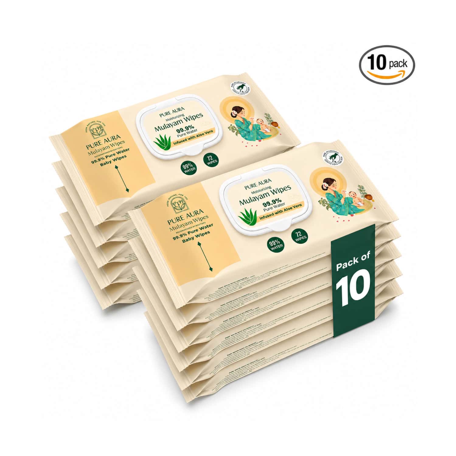 Pure Aura Baby Wipes Doctor Recommended Pure Water Wipes With Aloe Vera 72 Pulls Pack Of 10