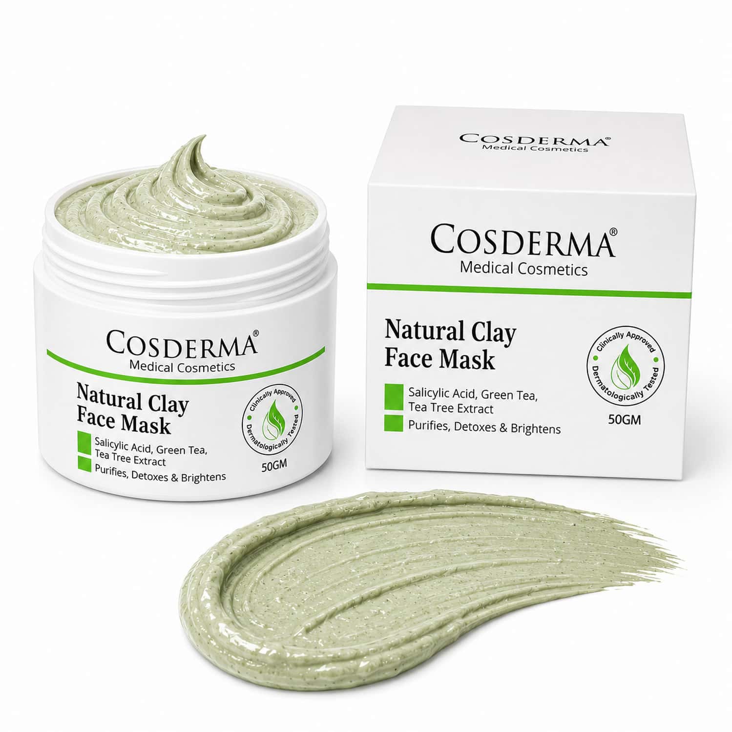 Cosderma Natural Clay Face Mask With Salicylic Acid | Green Tea & Tea Tree Extract For Oily Skin 50g