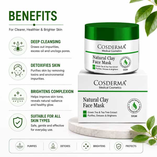 Cosderma Natural Clay Face Mask With Salicylic Acid | Green Tea & Tea Tree Extract For Oily Skin 50G