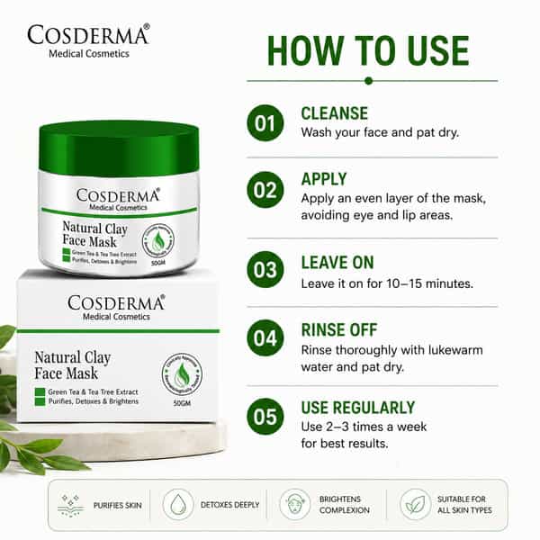 Cosderma Natural Clay Face Mask With Salicylic Acid | Green Tea & Tea Tree Extract For Oily Skin 50G