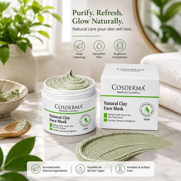 Cosderma Natural Clay Face Mask With Salicylic Acid | Green Tea & Tea Tree Extract For Oily Skin 50G
