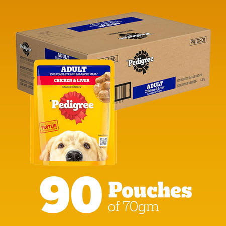 Pedigree Adult Wet Dog Food | Chicken & Liver Chunks In Gravy | 70 G (Pack Of 90)