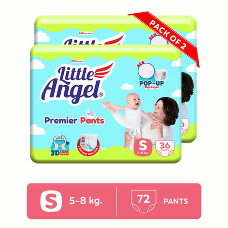 Little Angel Premier Pants Baby Diapers Small (S) Size 72 Count Pack Of 2 36 Count/Pack 5-8 Kg