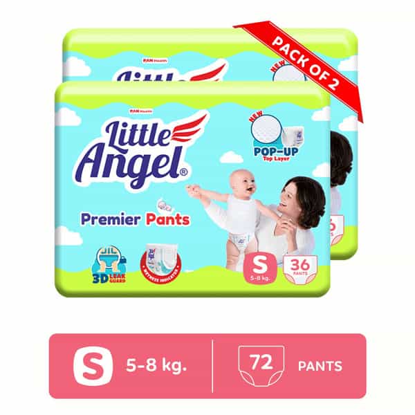 Little Angel Premier Pants Baby Diapers Small (S) Size 72 Count Pack Of 2 36 Count/Pack 5-8 Kg