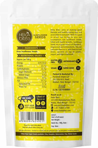 Heka Bites Premium Raw Sunflower Seeds (250G)| Immunity Booster | Healthy Snacks | Diabetic Snacks