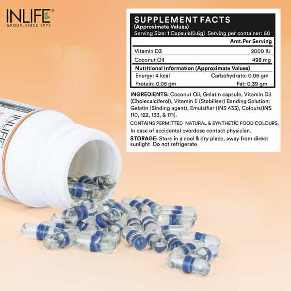 Inlife Vitamin D3 Cholecalciferol Supplement For Men Women 2000 Iu - 60 Liquid Filled Capsules
