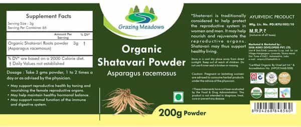 Grazing Meadows Organic Shatavari Powder/Asparagus Racemosus - 200Gms Tonic For Women (Pack Of 5)