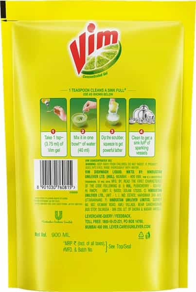 Vim Dishwash Liquid Gel Lemon - 900Ml Refill Pouch