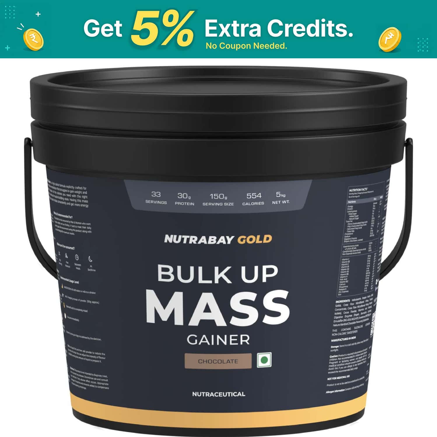Nutrabay Gold Bulk Up Mass Gainer | Carbs To Protein Blend (3:1) | 30g Protein - 5kg | Chocolate