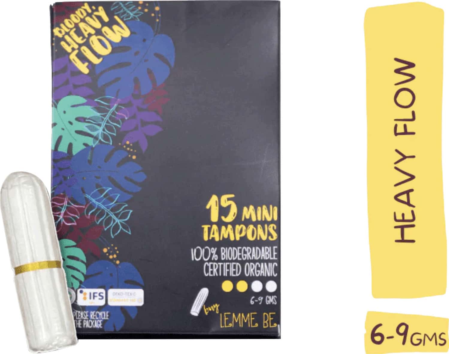 Lemme Be Heavy Flow Tampons|100% Cotton Certified Biodegradable|Dye & Chemical Free - (Box Of 15)