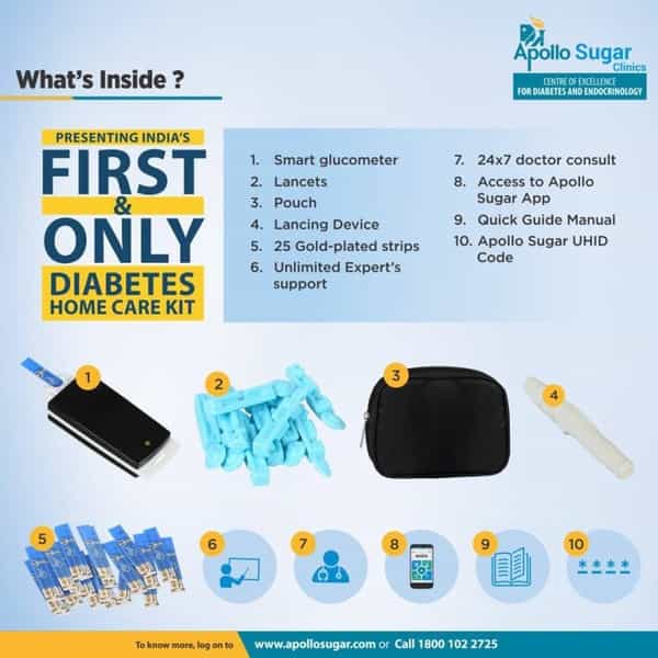 Apollo Sugar Smart Glucometer Kit + Free 25 Gold Plated Test Strips & Diabetes Foot Wear Voucher