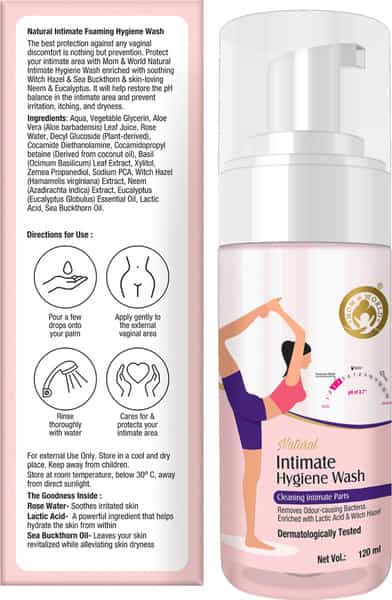 Mom & World Natural Intimate Foaming Feminine Hygiene Wash Ph 3.7 Lactic Acid & Witch Hazel 120 Ml