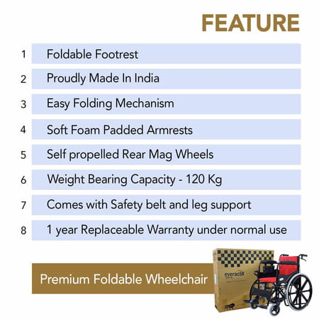 Everactiv Everyday Premium Foldable Wheelchair Red Color