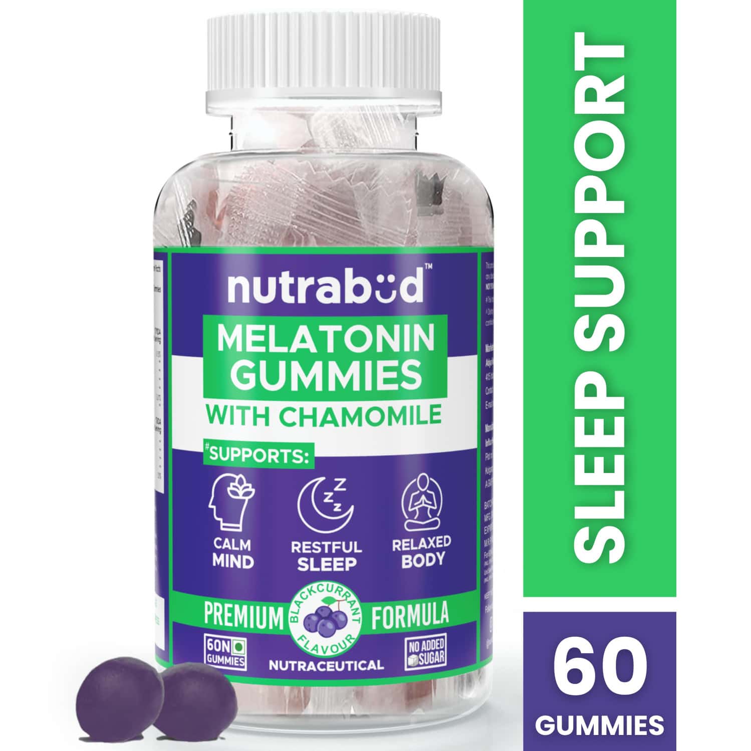 Nutrabud Melatonin 3mg Sleep Gummies | Sugar Free | Restful Sleep | Blackcurrant Flavor | 60 Gummies