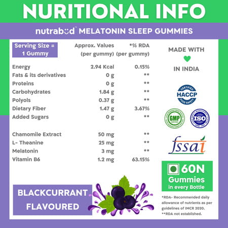 Nutrabud Melatonin 3mg Sleep Gummies | Sugar Free | Restful Sleep | Blackcurrant Flavor | 60 Gummies