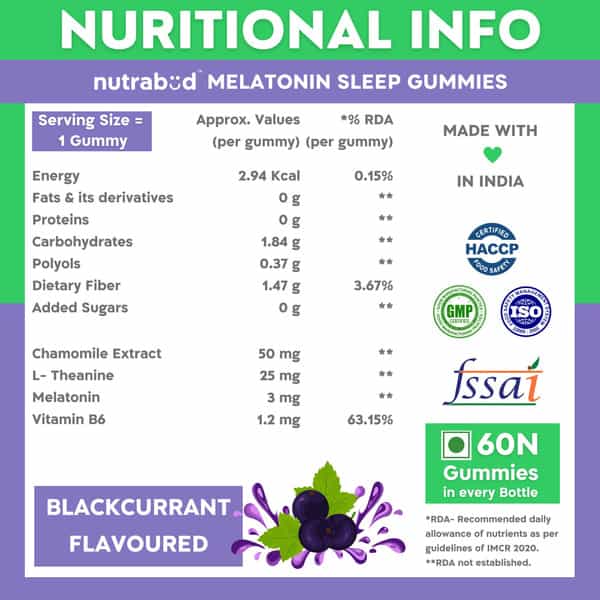 Nutrabud Melatonin 3Mg Sleep Gummies | Sugar Free | Restful Sleep | Blackcurrant Flavor | 60 Gummies