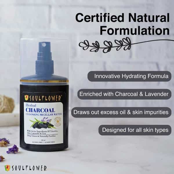 Soulflower Charcoal Cleansing Micellar Water Makeup Remover 120Ml