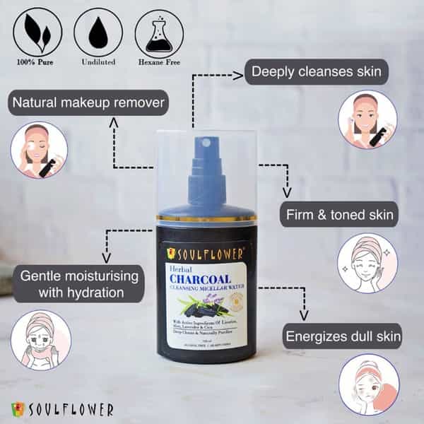 Soulflower Charcoal Cleansing Micellar Water Makeup Remover 120Ml