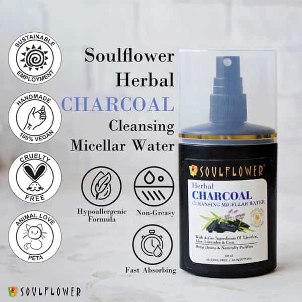Soulflower Charcoal Cleansing Micellar Water Makeup Remover 120Ml