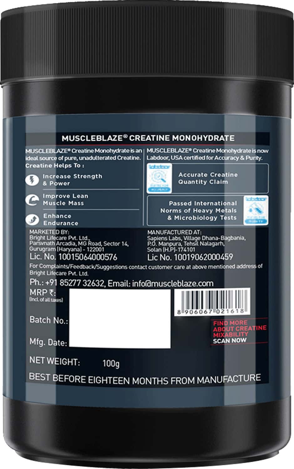 Buy MUSCLEBLAZE CREATINE MONOHYDRATE, LABDOOR USA CERTIFIED CREATINE