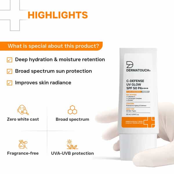 Dermatouch C-Defense Spf 50 Pa++++ Fluid Sunscreen | For All Skin Types | 30Ml
