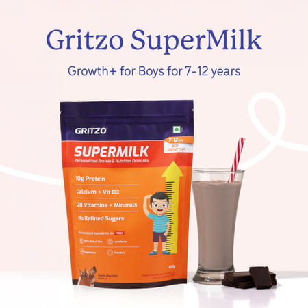 Gritzo Supermilk Growth+ (7-12y Boys) (Double Chocolate | 800g) With Super Gummies| Pack Of 2