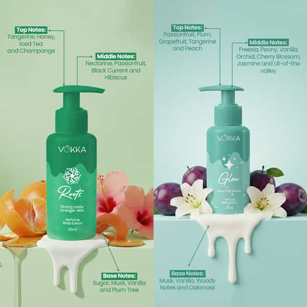 Vokka Glow & Roots Perfume Body Lotion Combo 50Ml X 2 | Fruity Floral & Citrus Honey Vanilla Musk