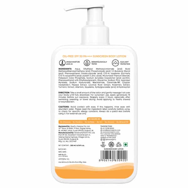 Aravi Organic Sunscreen Body Lotion With Spf 50 Pa++++ - Protects | Hydrates & Brightens Skin 200Ml