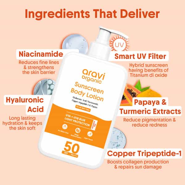Aravi Organic Sunscreen Body Lotion With Spf 50 Pa++++ - Protects | Hydrates & Brightens Skin 200Ml