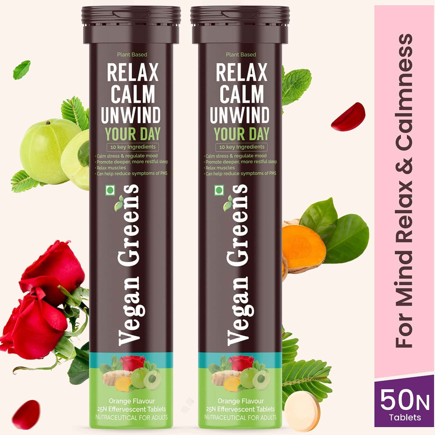 Vegan Greens Relax Calm Unwind Your Day. Calm Daily Stress, Better Mood &Sleep 50 Effervesc., Orange