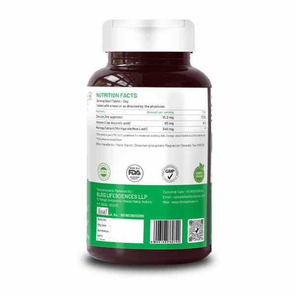 Bliss Welness Vitamin C + Zinc Citrate + Moringa Supplement| Immunity & Skin Health |120 Veg Tablets