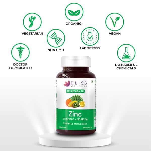 Bliss Welness Vitamin C + Zinc Citrate + Moringa Supplement| Immunity & Skin Health |120 Veg Tablets