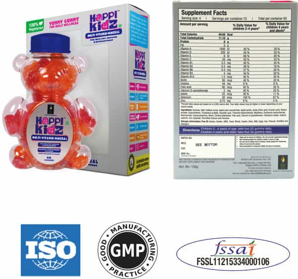 Happi Kidz Multivitamin For Kids Above 2 Years Gummy| Orange & Strawberry - 60N (Pack Of 2)
