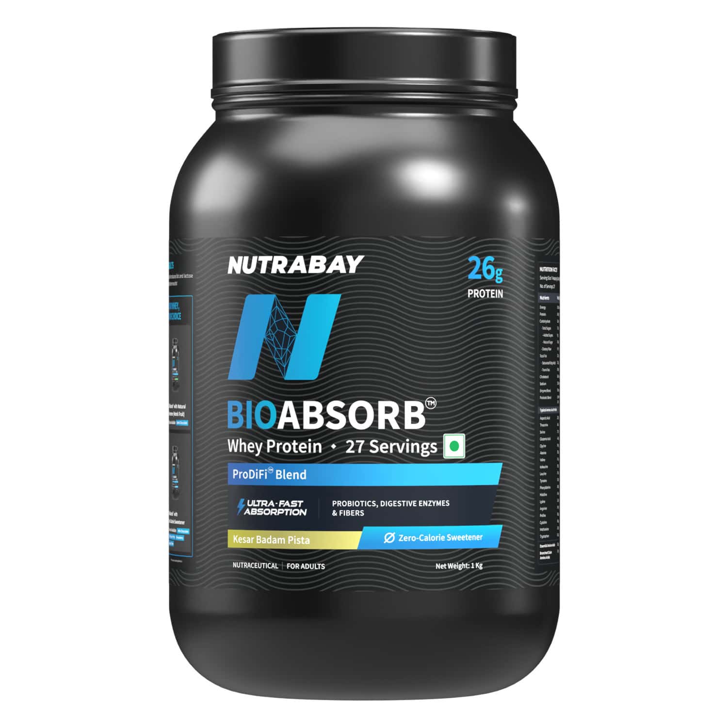 Nutrabay Bioabsorb Whey Protein Powder | Prodifi Blend | 26g Per Scoop | Kesar Badam Pista - 1kg