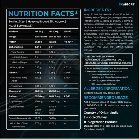 Nutrabay Bioabsorb Whey Protein Powder | Prodifi Blend | 26G Per Scoop | Kesar Badam Pista - 1Kg