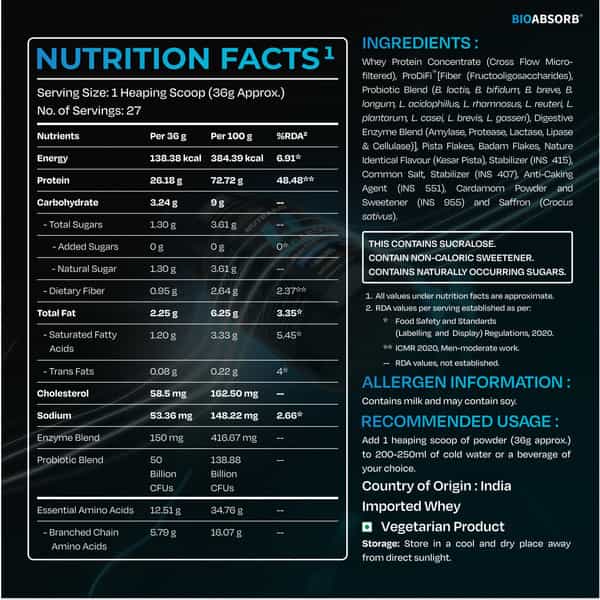 Nutrabay Bioabsorb Whey Protein Powder | Prodifi Blend | 26G Per Scoop | Kesar Badam Pista - 1Kg