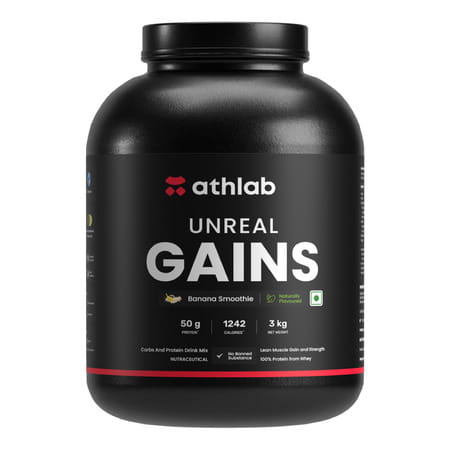 Athlab Unreal Gains Mass Gainer | Naturally Flavoured & Sweetened - Banana Smoothie | 3 Kg