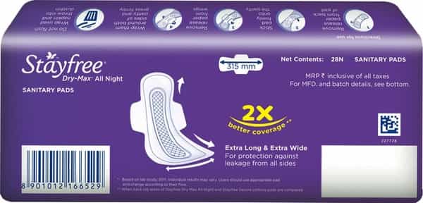 Stayfree Drymax Ultra All Nights Size Xl Sanitary Pads Packet Of 28