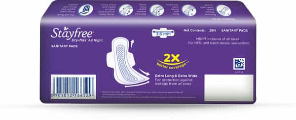 Stayfree Drymax Ultra All Nights Size Xl Sanitary Pads Packet Of 28