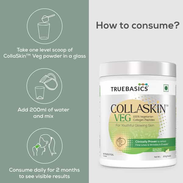 Truebasics Collaskin | 100% Vegetarian Collagen Peptides | Green Apple Mint | 200 G
