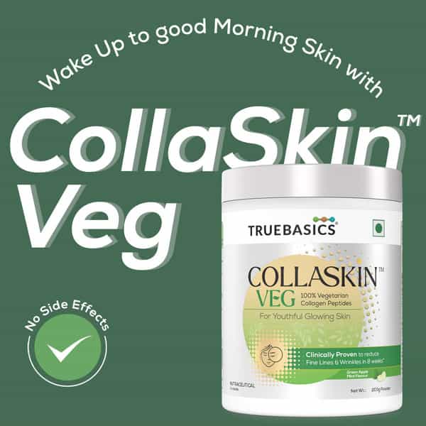 Truebasics Collaskin | 100% Vegetarian Collagen Peptides | Green Apple Mint | 200 G