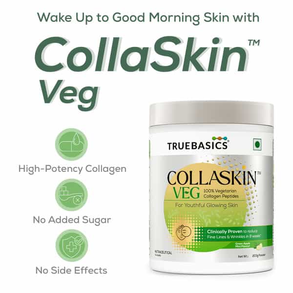Truebasics Collaskin | 100% Vegetarian Collagen Peptides | Green Apple Mint | 200 G