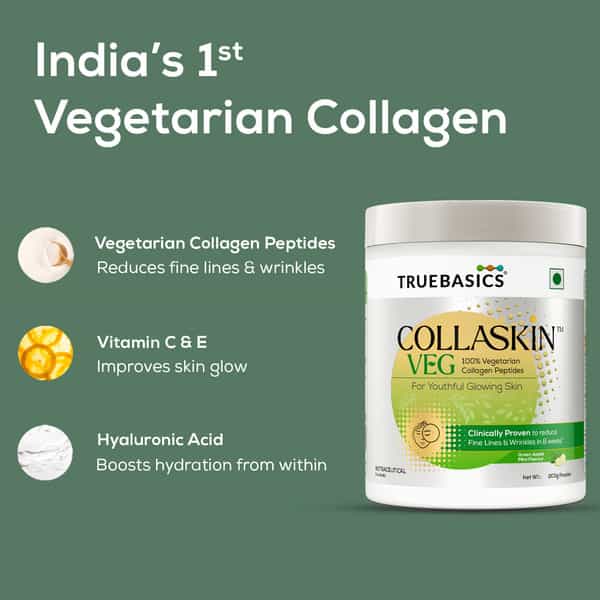 Truebasics Collaskin | 100% Vegetarian Collagen Peptides | Green Apple Mint | 200 G