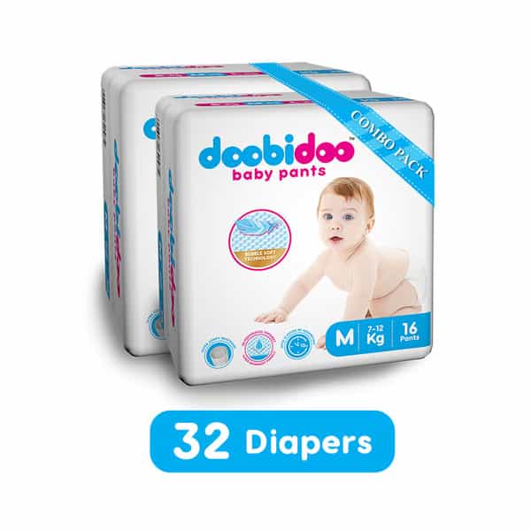 Doobidoo Baby Pants - Medium Size Diapers (32 Count) - With Anti Leak Side Cuffs (7-12 Kgs)