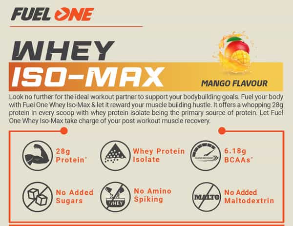 Fuel One Whey Iso-Max | Whey Protein Isolate | 28G Protein (Mango | 1Kg / 2.2Lb) | No Added Sugars